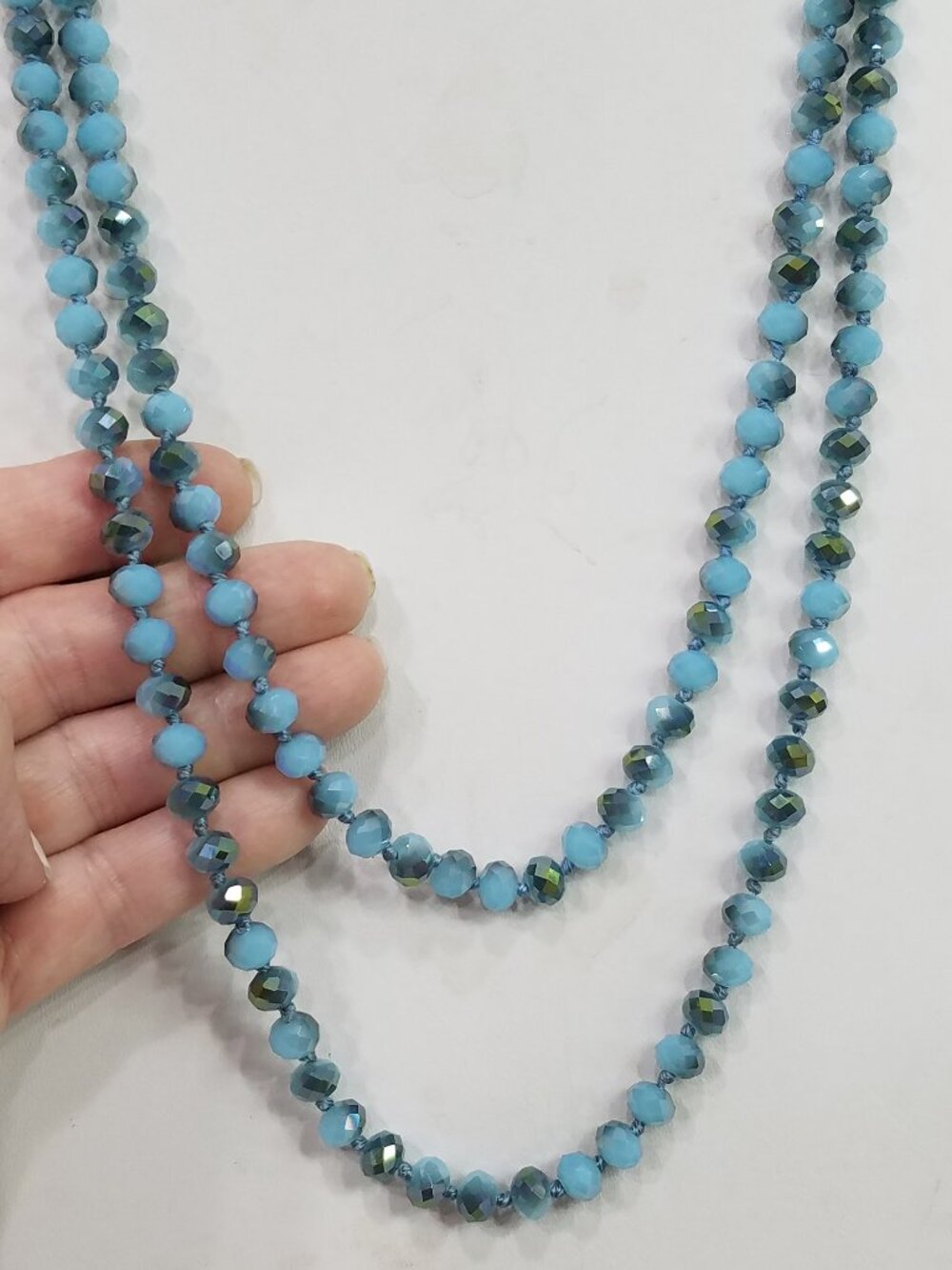 Vintage Sky Blue & Teal AB-Coated Glass Crystal Bead Continuous 60" Necklace